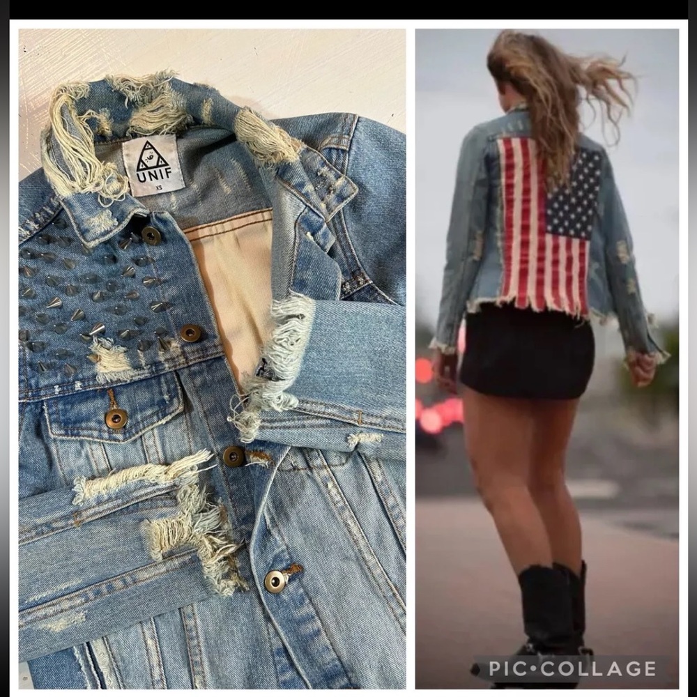 UNIF Women XS American Flag Studded Distressed Jean Trucker Jacket Frayed Blue